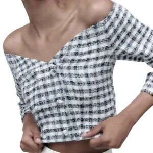 ZARA Textured Tweed Off-Shoulder Cropped Top - Size XS